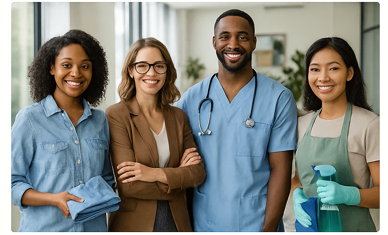 four professionals in the healthcare administration, environmental services, business support and textile services.